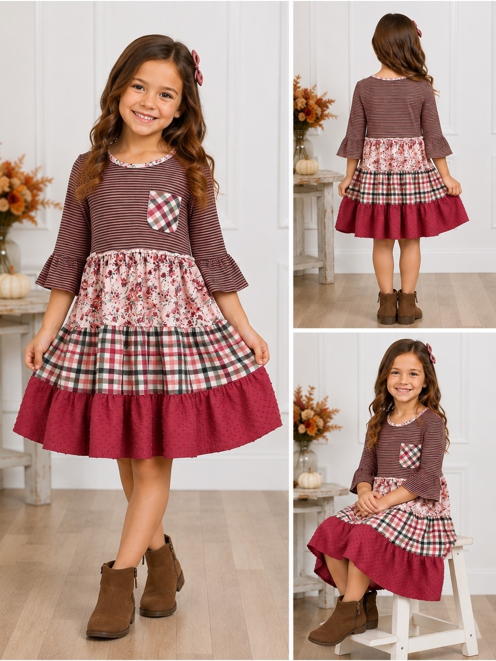 Bonnie Jean Burgundy Floral Plaid Tiered Dress